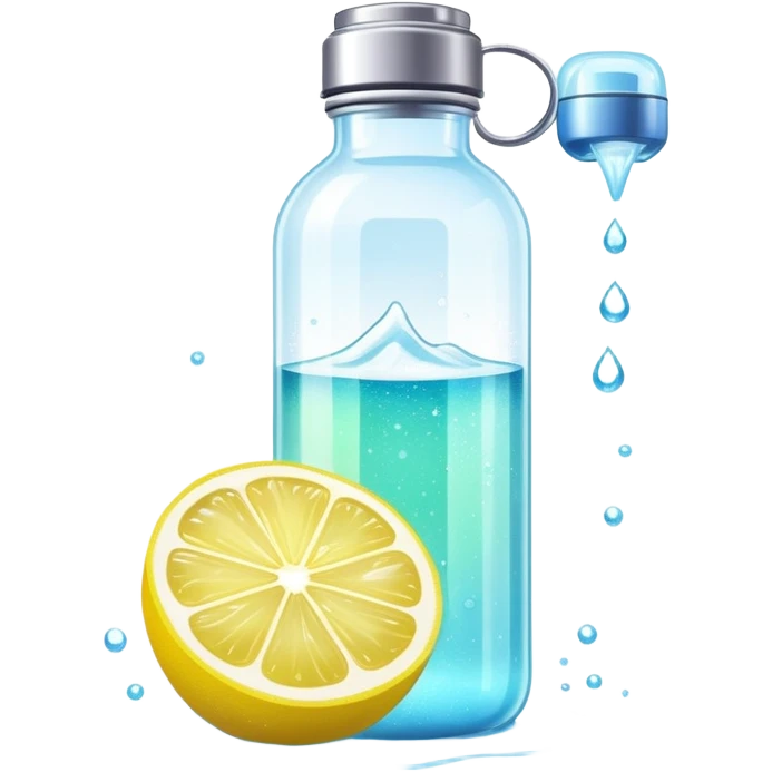 Ethereal glowing water bottle with floating lemon slice and sparkling creatine powder, surrounded by magical aura emoji