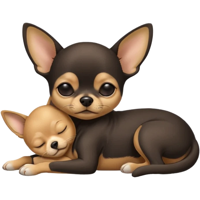 A high-resolution photo-realistic digital illustration of a  black with a bit of tan chihuahua with eyes closed shut sleeping lazily on the ground emoji