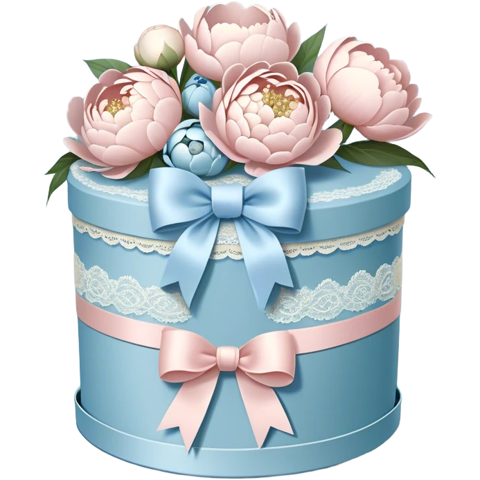 A vintage hatbox, wrapped in an ivory lace bow, holds a carefully arranged selection of blush-white and pale blue peonies, their petals unfurling like whispered secrets. A wide, pearl-adorned ribbon encircles the arrangement, its elegant bow tied with effortless grace. The edges of the ribbon flutter gently as a soft breeze drifts through the open window, carrying the delicate fragrance of fresh blooms into the air.

 emoji