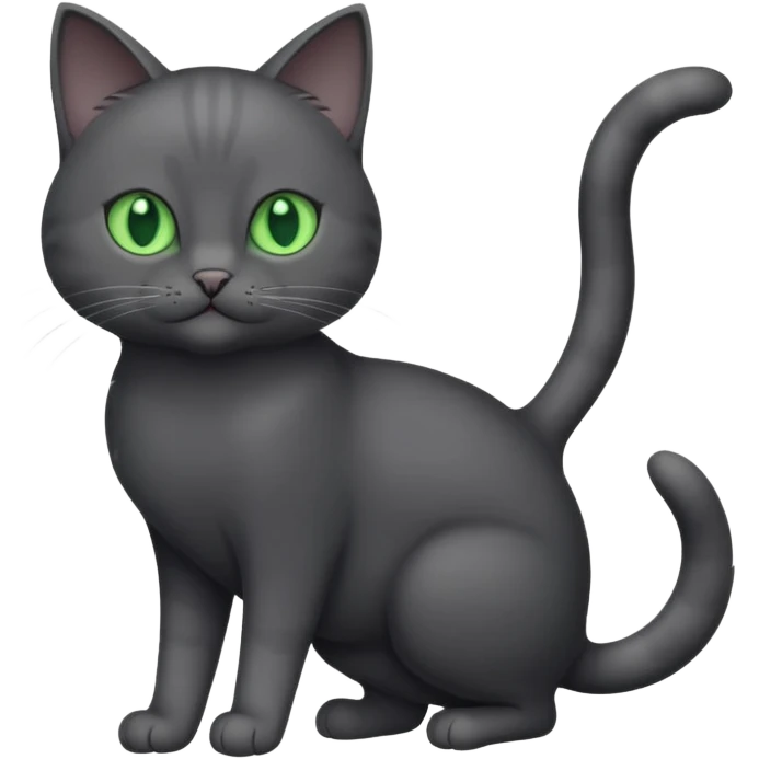 full body gorgeous solid dark grey cat with green eyes, white paws and white whiskers playing emoji
