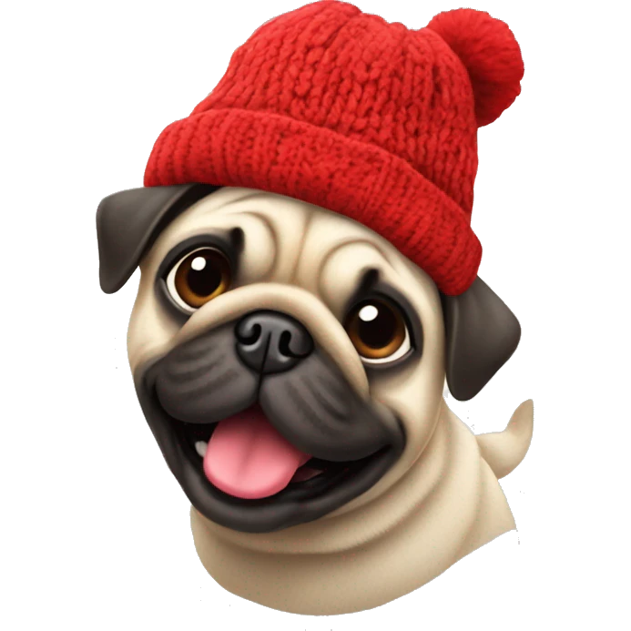 Cheerful pug in a red Knitted hat emoji