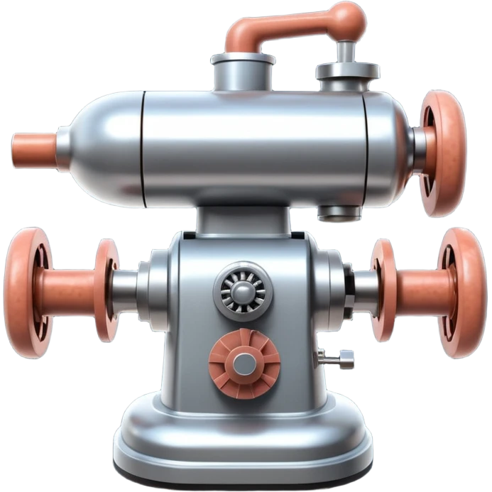 sausage-processing droid. retro-futuristic style. top is a circular industrial meat grinder with rotating gears and blades. Two robotic arms feed material into grinder. Sausage links extrude from the rear like  factory. The body is metallic, compact, and floats above the ground.no legs. Dark humor emoji