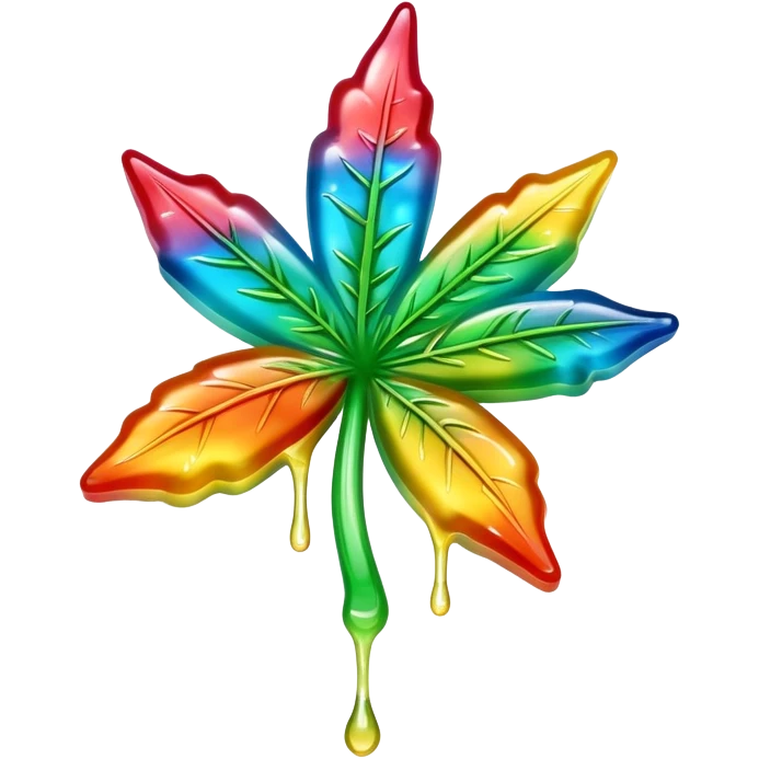 generate an emoji-style image of a juicy gummy shaped like a marijuana flower, make it colorful and with liquid dripping out emoji