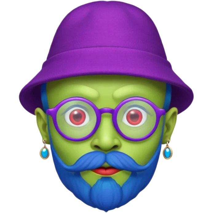 green alien with red glasses and blue hat and purple beard and earrings emoji