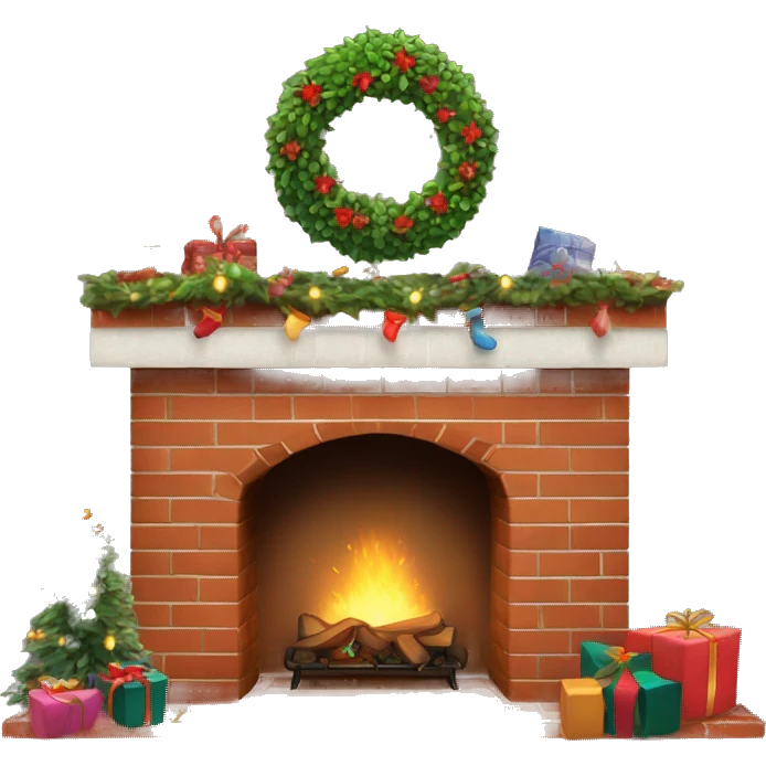 Brick Fireplace with wreath and Christmas lights and stockings emoji