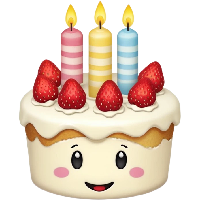 Jellycat vanilla cake with white frostting and strawberries on top with one candle with smiley face emoji