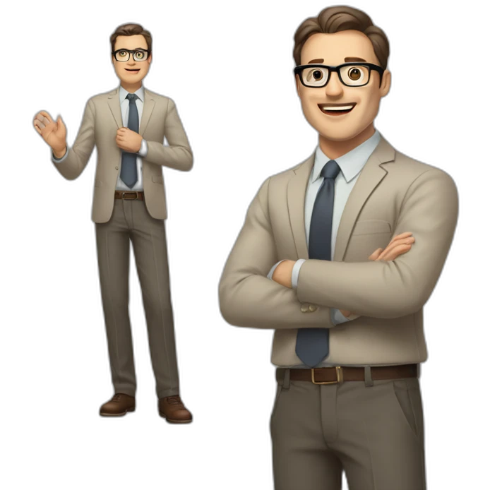 Full height Actively gesturing with hands Pale skinned fit man with dark brown hair in gray jacket, beige office shirt, brown tie, brown pants and vintage glasses. emoji