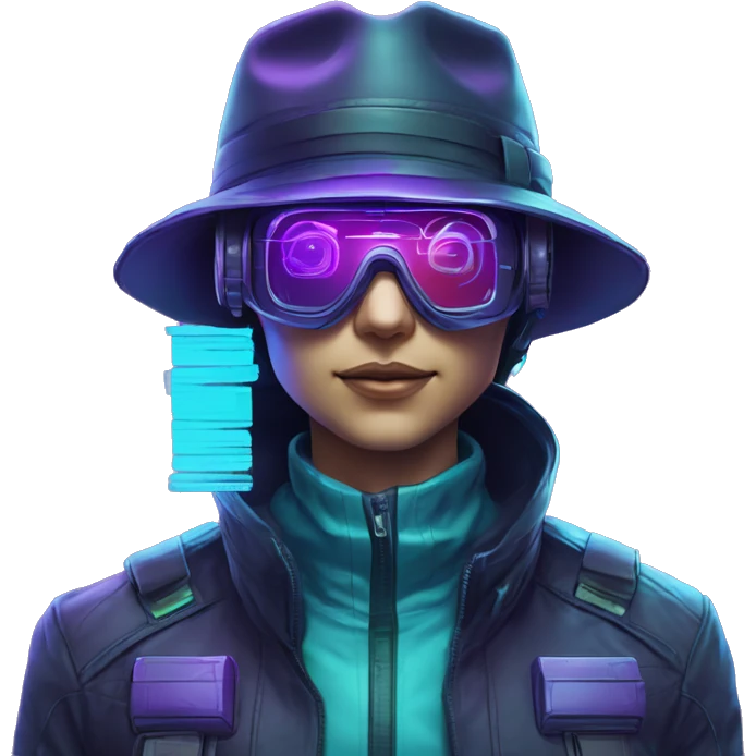 Secret human agent in a hat with  cyberpunk elements in VR googles scanning looking reviewing multicolor lines of code, cyan and purple colors, only upper body portrait emoji