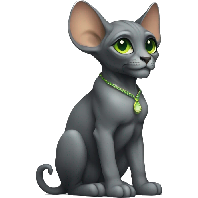 Pretty sphinx dark gray with big ears and green eyes. Sitting and licking  emoji