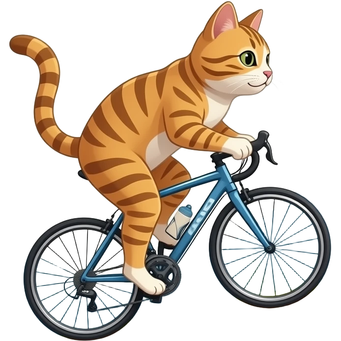 A pussy Cyling down the Hill Mountains in background, paws off the pedals as dust spray up behind cause the breaks are broken emoji