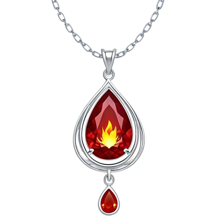 phoenix teardrop ruby pendant, deep red core with yellow ember edges, floating silver chain, pulsing rebirth glow emoji