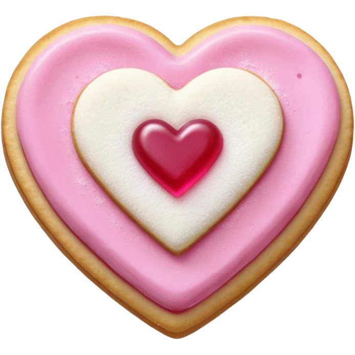Realistic shortbread cookie in the shape of a heart with pink jelly middle filling and sprinkled powder sugar on top. emoji