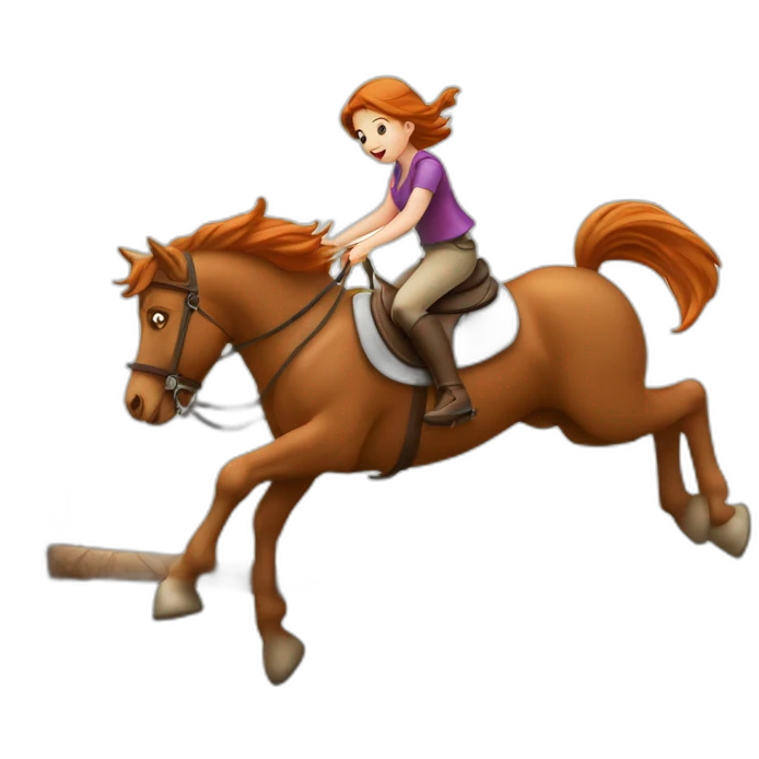 Fille rousse sur un cheval qui saute un obstacle emoji
