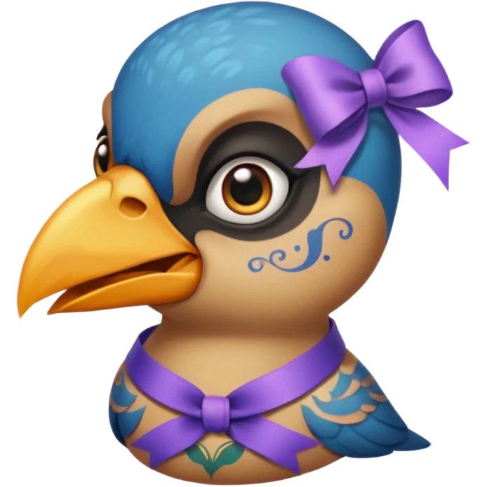 bird with piercings and excessive face tattoos and ribbon two eyes emoji