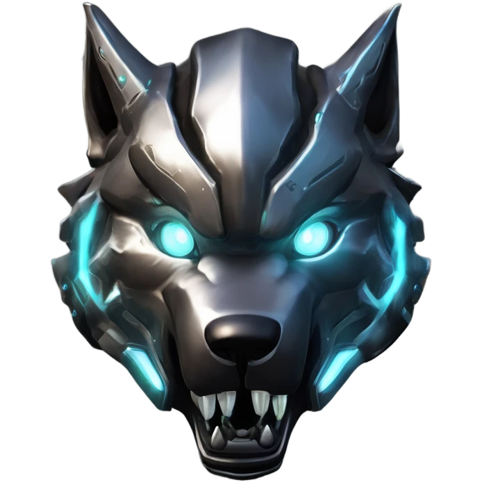 Warframe-inspired wolf Warframe with sleek biomechanical armor, a snarling wolf-like helmet, glowing eyes, and clawed gauntlets. Dark metallic colors with glowing energy lines, blending feral agility and deadly stealth. emoji