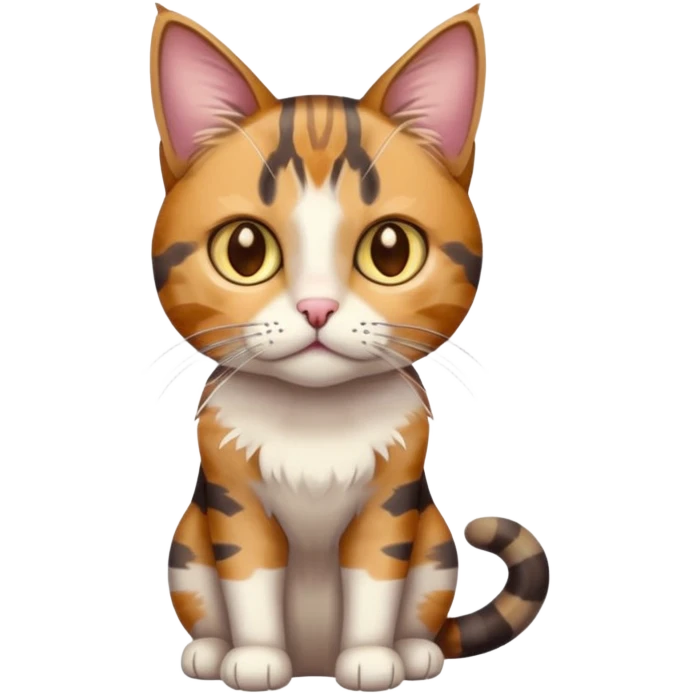 full body anxious looking colourful light calico tabby cat with hazel eyes and patchy brown tabby sections of fur emoji
