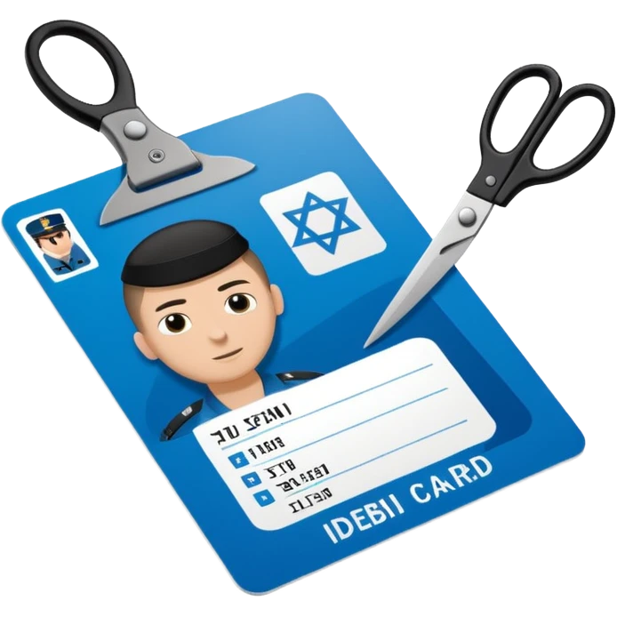 Floating black Scissors cutting in half an idf soldier ID card with a little chip in 2 parts emoji