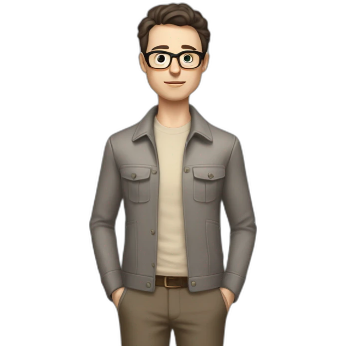Full height Pale skinned Fit Man With dark brown hair in gray classic jacket, beige office shirt, Brown pants and vintage glasses. Thrumbs of his palms upwards emoji