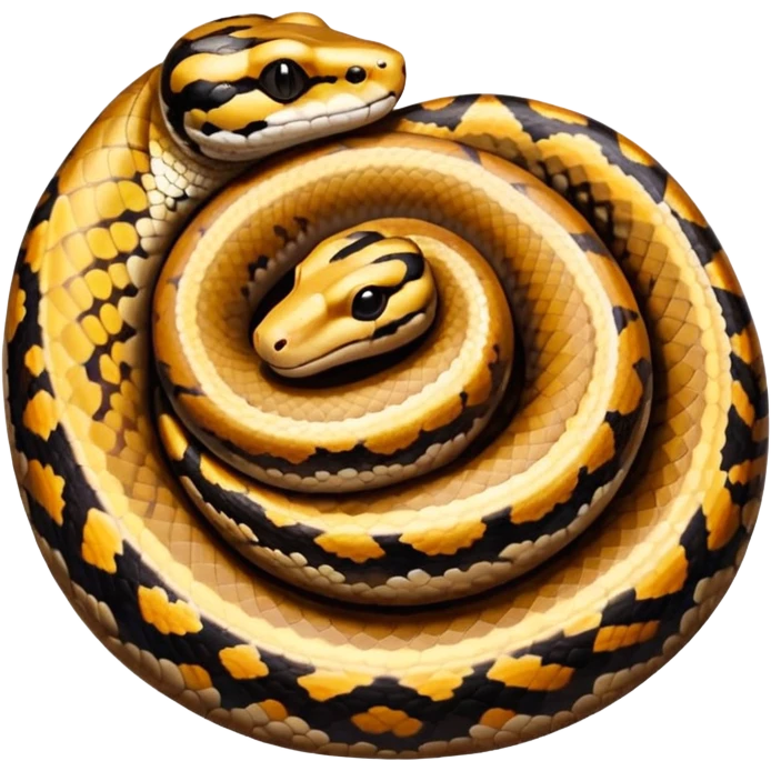 A photo-realistic top-down view of a Ball Python gently coiled into a tight spiral, with its head resting peacefully at the center. Its scales are warm brown with bold, irregular black markings, including the distinctive “alien-head” pattern, flowing smoothly along its body.  emoji