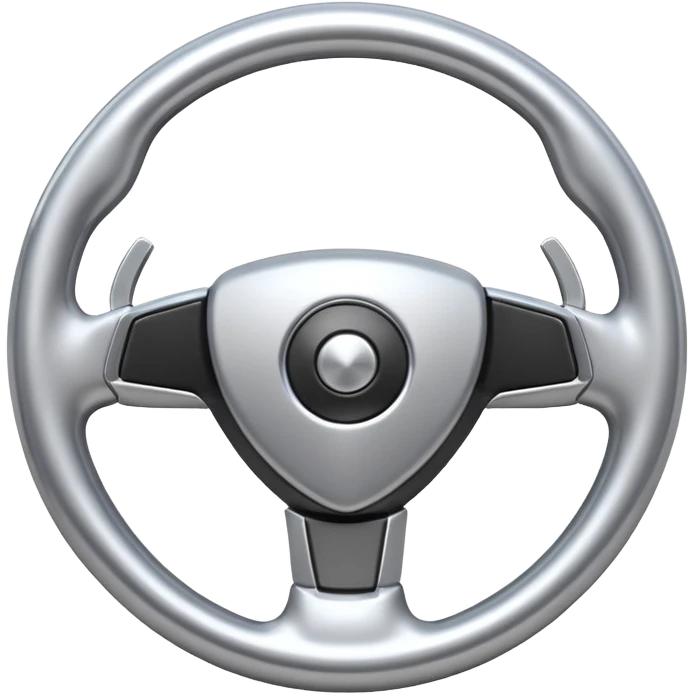 A futuristic steering wheel emoji made of silver chrome, minimal geometric design, smooth metallic surface, soft reflections, iOS emoji style, centered, clean white background emoji
