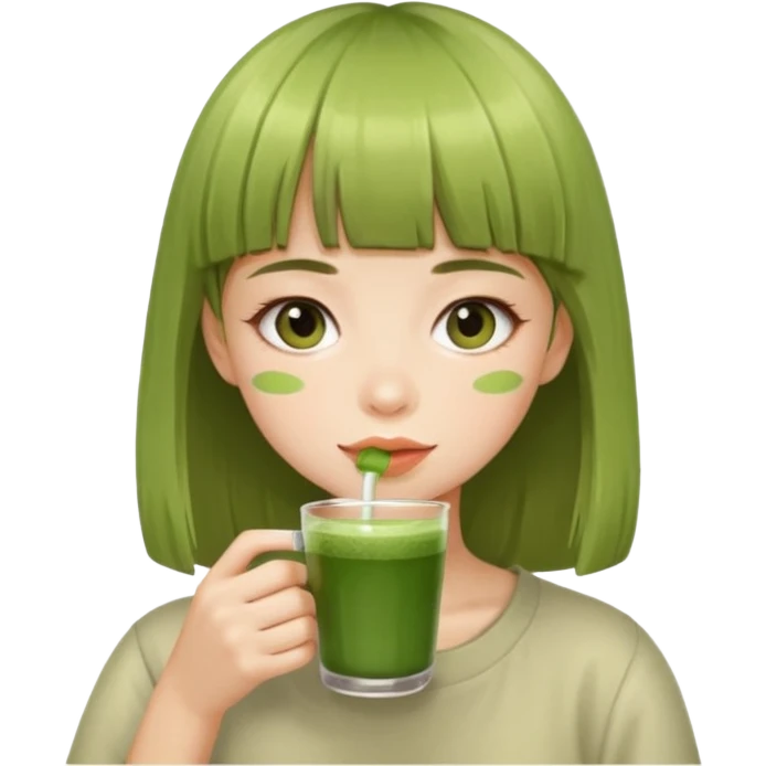 a girl with bangs drinking matcha emoji