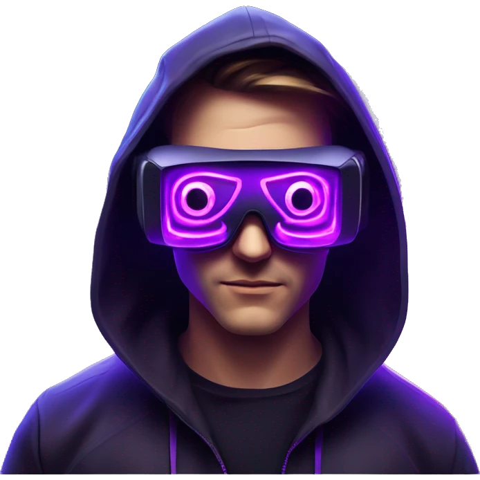 Russian man wearing a black hoodie with "OMG" letters on it and VR headset in a cyberpunk VR environment with violet neon lighting. emoji
