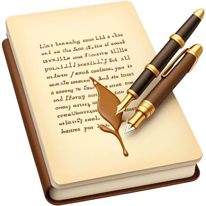 Create a vibrant emoji representing prose writing. The design should include a classic fountain pen or quill, an open notebook or a typewriter, with flowing text emerging from it. Use warm, earthy tones like brown, gold, and cream, along with subtle ink splatters to add a creative and artistic touch. The emoji should convey the idea of storytelling, creativity, and literary elegance. Make the background transparent. emoji