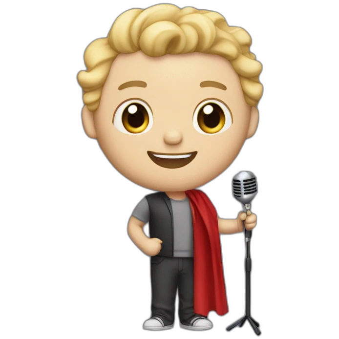white light skin man person standing in a theater with red curtains standing on elevated stage holding a microphone smiling with light hair emoji