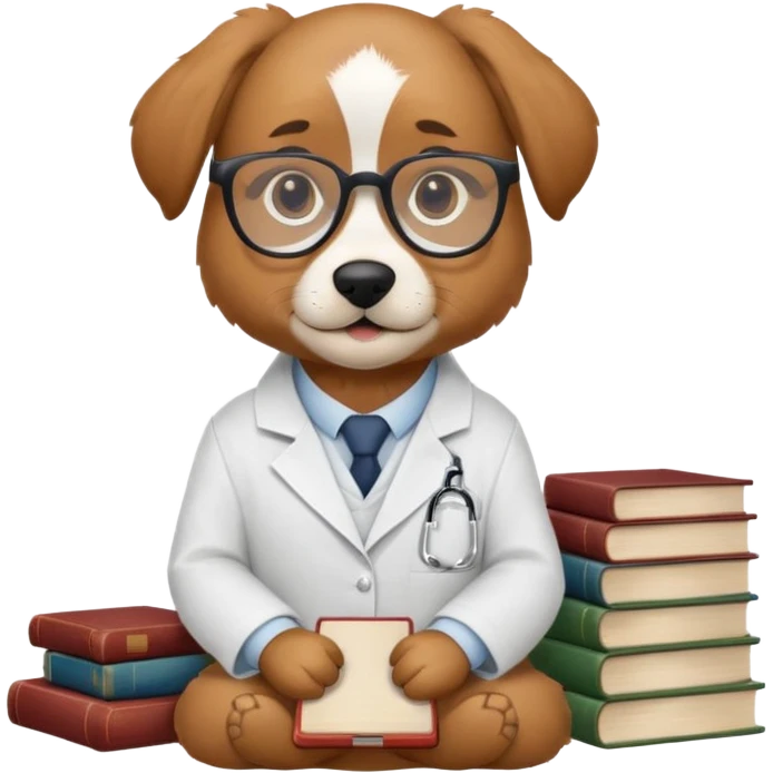 Wise dog with glasses, wearing a lab coat, perched on a stack of books. emoji