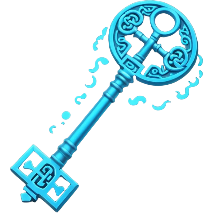 Ancient key glowing blue with runic markings, floating emoji