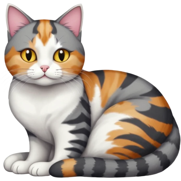 full body colourful light patched calico + white tabby cat cuddling a bigger cat that is dark grey and white tabby cat  and they are in love emoji