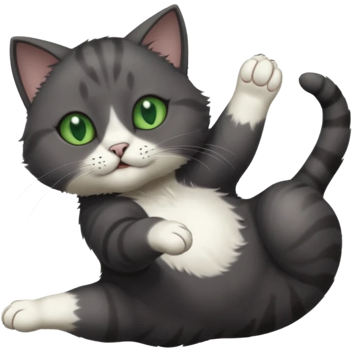 solid dark grey cat with green eyes, white toes/paws and white patch on her chest playfully rolling upside down emoji
