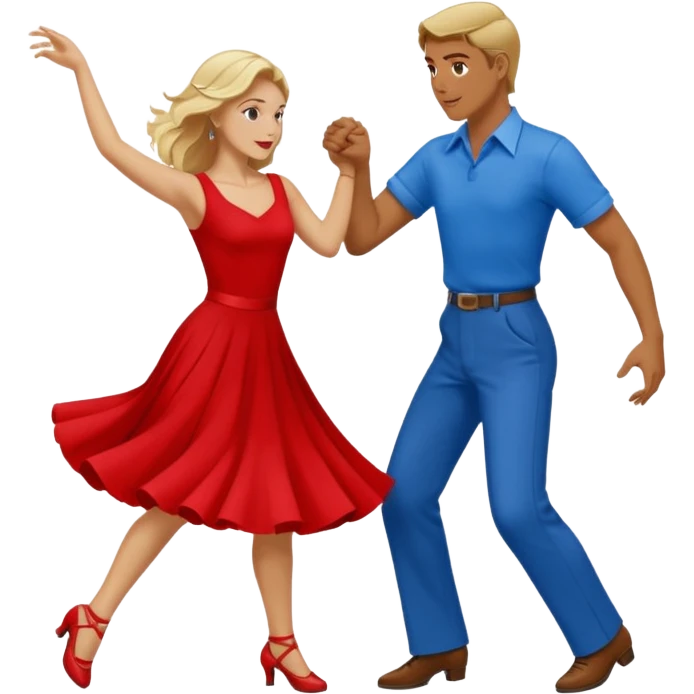 Two people. Man  wearing all red  with brown hair. Women iall blue with blond hair. Swing Dancing.  emoji