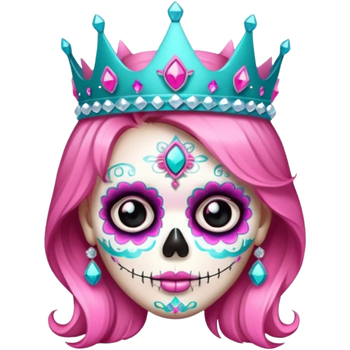 Girly Sugar Skull with a pink and teal Crown with Glitter gems emoji
