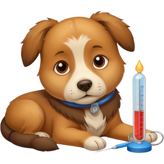 A sick dog lying down with a thermometer beside it, indicating a fever.
Cute but gentle style, warm colors, conveying concern and care. emoji