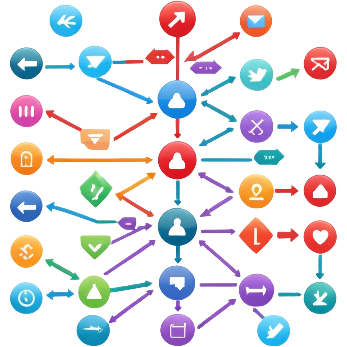 colorful flowchart diagram with many arrows connecting icons emoji