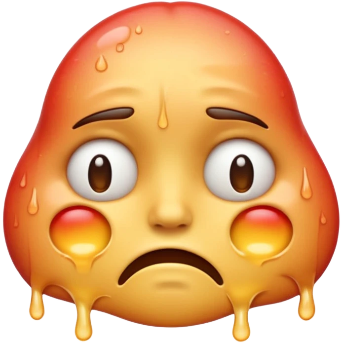 Apple-style emoji illustration of a melted, overheated face with sweat drops, expression annoyed, half-closed exhausted eyes, soft 3D emoji style, smooth gradients, rounded shapes, simple expression, centered composition. emoji