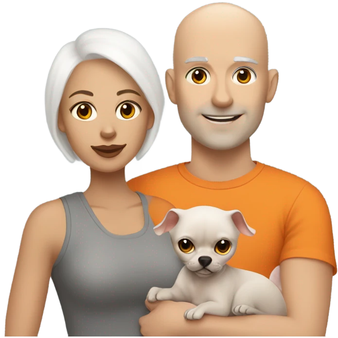 White bald man is holding a grey small sphinx cat and woman with dark straight hair is holding orange Pomeranian dog emoji