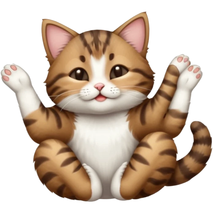 dark brown tabby and white small cat in funny positions upside down with eyes closed emoji
