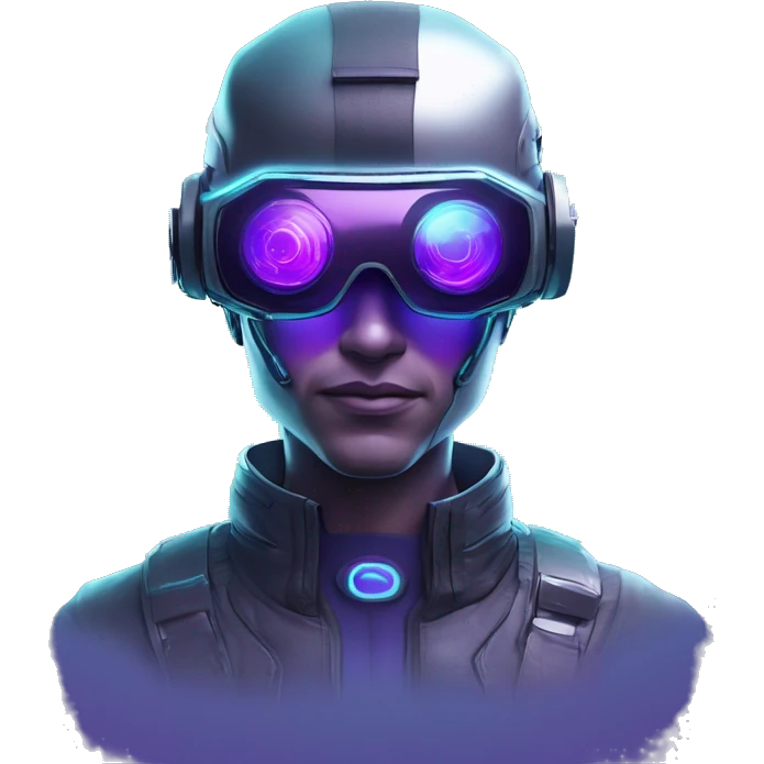 Secret humanoid agent in a futuristic hat with in Apple VR goggles headset code display on the goggles , cyberpunk, cyan and purple colors, only upper body portrait, front facing the camera  emoji