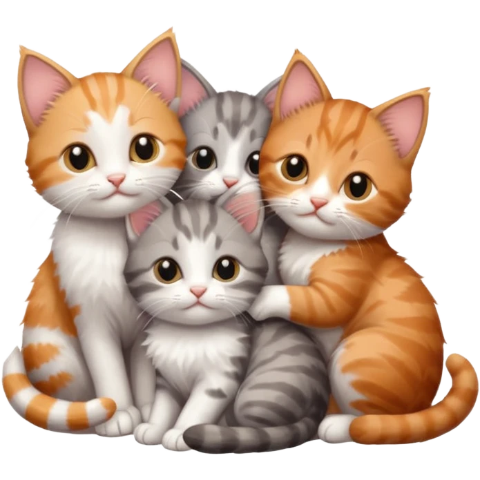3 tiny kittens cuddling together all different colours, the first one is grey and white, the second is ginger and white and the third is brown tabby and white emoji