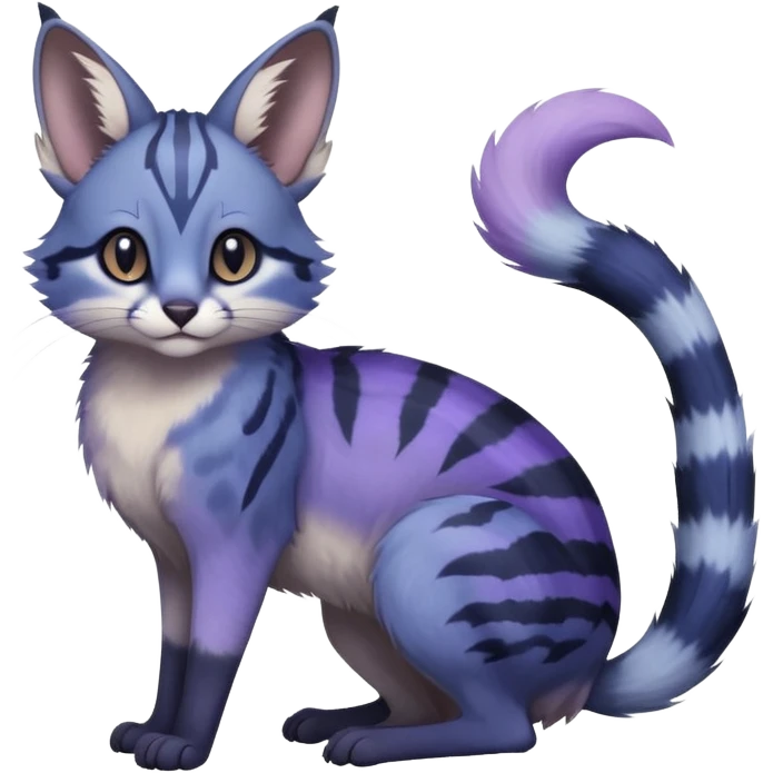  Realistic dull gloomy-dark-deep-grayish-indigo-violet-gradients fur with random markings beautiful elegant pretty precious cute  Fakémon-Pokémon-opossum-feline-serval-caracal-chinchilla-Minccino-hybrid-creature with a big fluffy bushy striped tail (full body) emoji