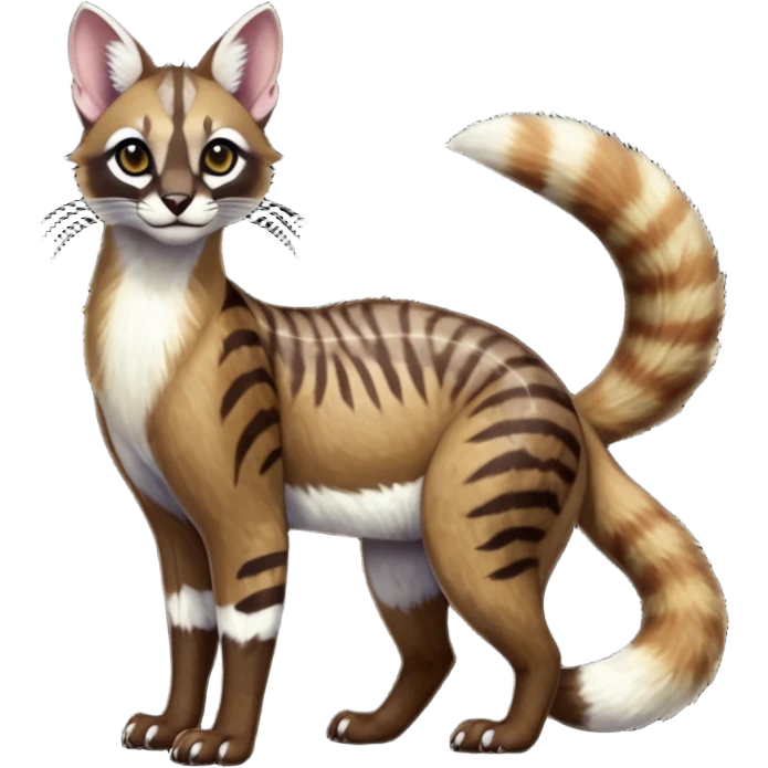 Colorful dark chocolate-brown tropical beige, white fur iridescent glorious divine exotic cute cool beautiful shiny beautiful fantasy-caracal-civet-genet-sergal-vernid-Cacomistle-oncilla-animal-Fakémon-hybrid-fursona with pattern markings (full body) emoji