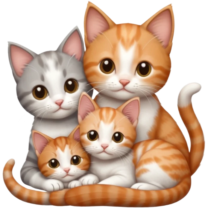 3 tiny kittens cuddling together all different colours, the first one is grey and white, the second is ginger and white and the third is brown tabby and white emoji