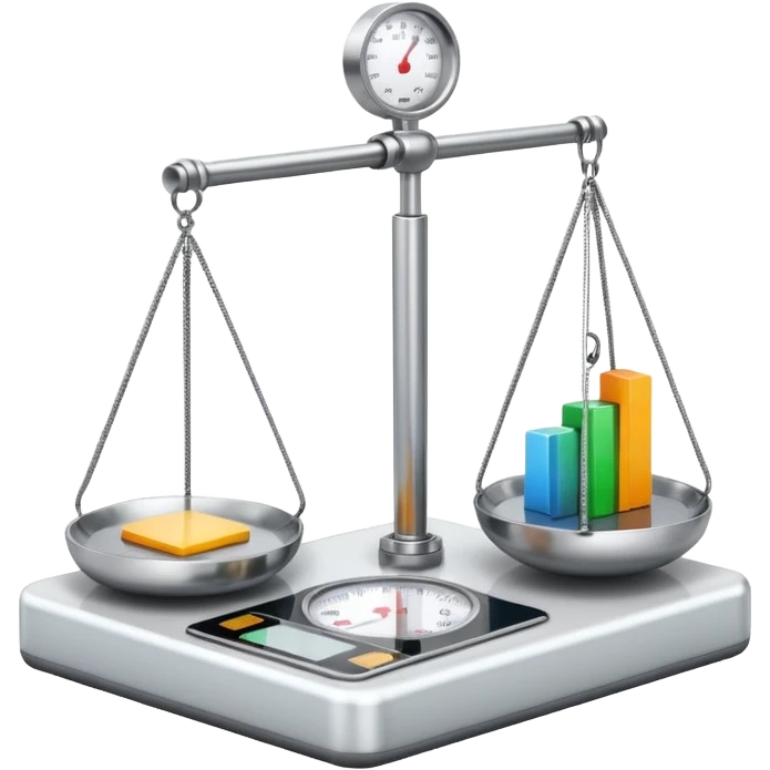 magnifying glass over weight scale with graph line trending down emoji