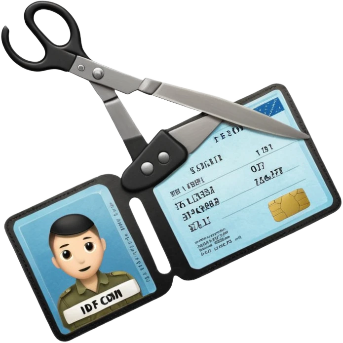 Floating black Scissors cutting in half an idf soldier ID card with a little chip in 2 parts emoji