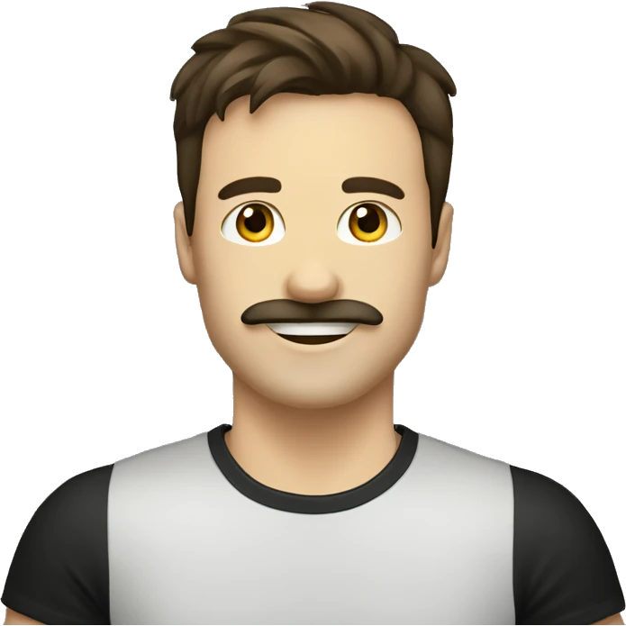 a profile picture of a happy white guy with long dark brown straight hair a moustache and a black t-shirt emoji