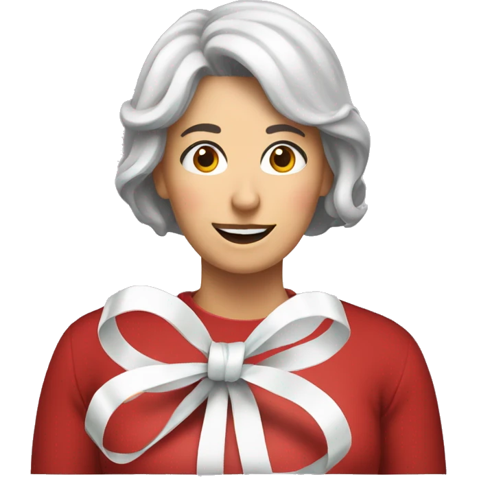 Middle aged woman learning how to tie a Christmas bow emoji
