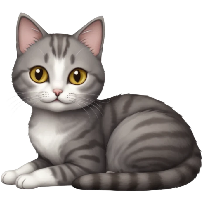 full body tiny short hair dark grey and white cat with hazel eyes lying down emoji