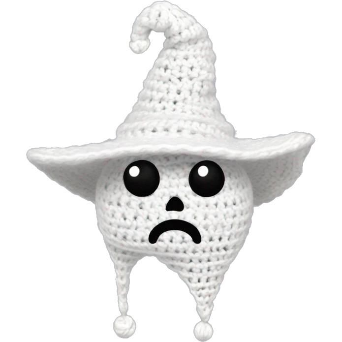 white shaped adorable crocheted ghost. it has only two black pearl shaped eyes (no mouth)  and wearing a black pointy witch hat. the hat shouldbe black only. the ghost is crocheted, made from yarn. emoji